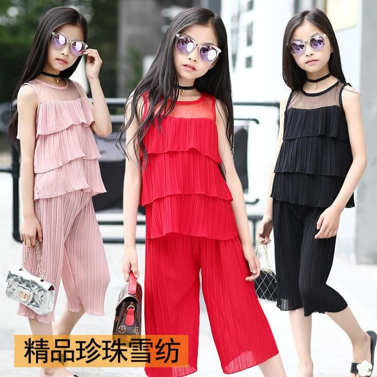 2019 Big Girl Clothing Summer Girl Top+Pants Sets Girl Chiffon Clothes