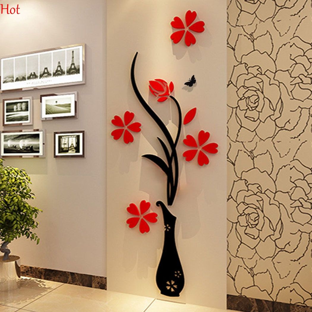  Wholesale  Wall  Stickers Acrylic 3D Plum Flower Vase 