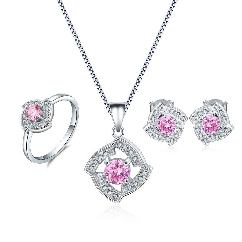 2019 Lovely Korean Style Pink Necklace Sets 925 Sterling Silver Ring