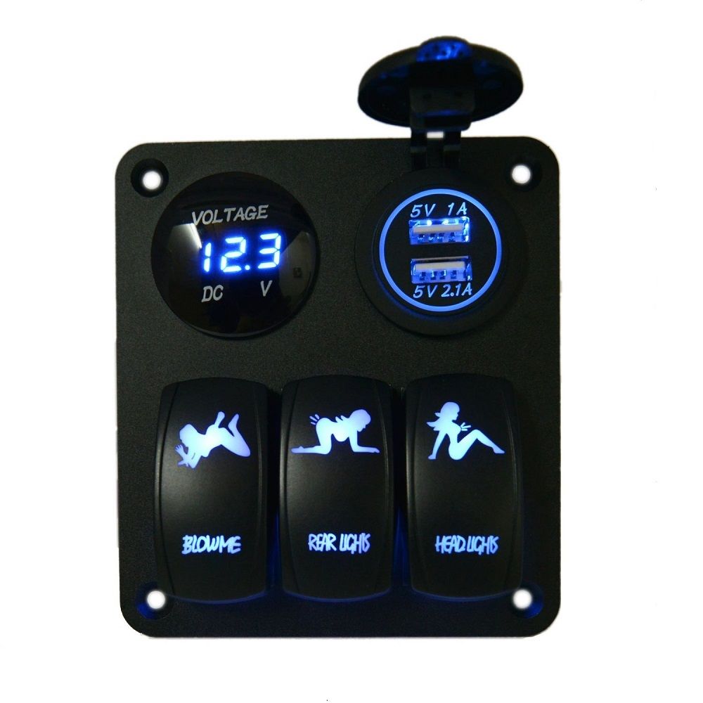 Waterproof 3 Gang Rocker Switc   h Panel 12V LED Voltmeter 