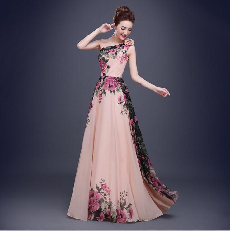 Stunning One Shoulder Flower Printed Long Prom  Dresses  