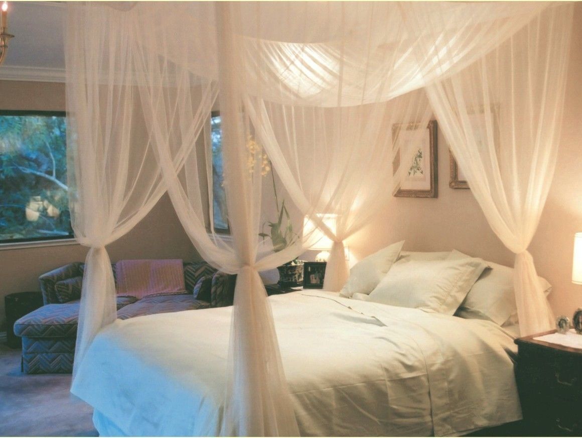 White 4 Corner Post Bed Canopy Mosquito Net Full Queen ...