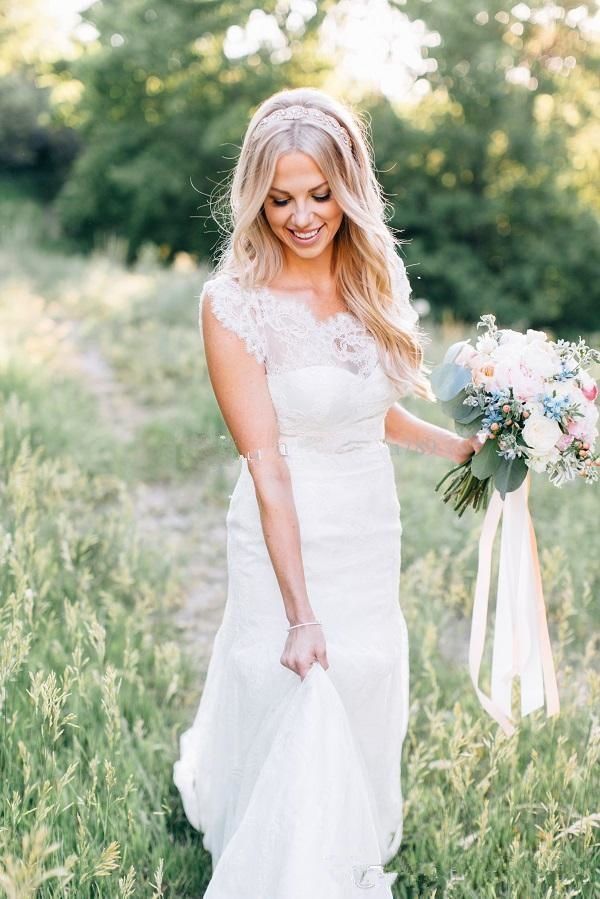 Country Western Wedding Dresses Mermaid Lace Cap Sleeve Illusion Open