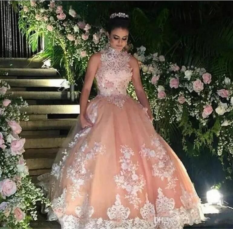 peach and gold quinceanera dresses