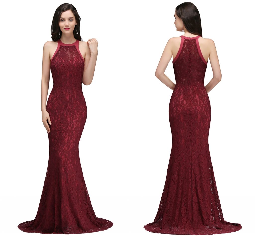  Burgundy  Mermaid Prom  Dresses  2019 Full Lace Halter 