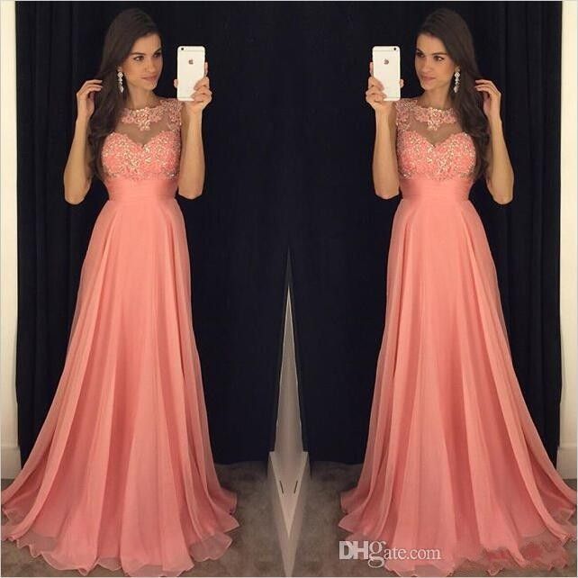 2017 Sexy New Coral Pink Prom Dresses Jewel Neck Illusion Sleeveless ...