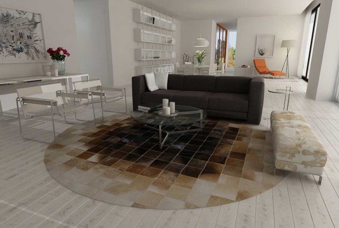Genuine Leather Round Beige And Brown Area Rug Squares Exclusive Design
