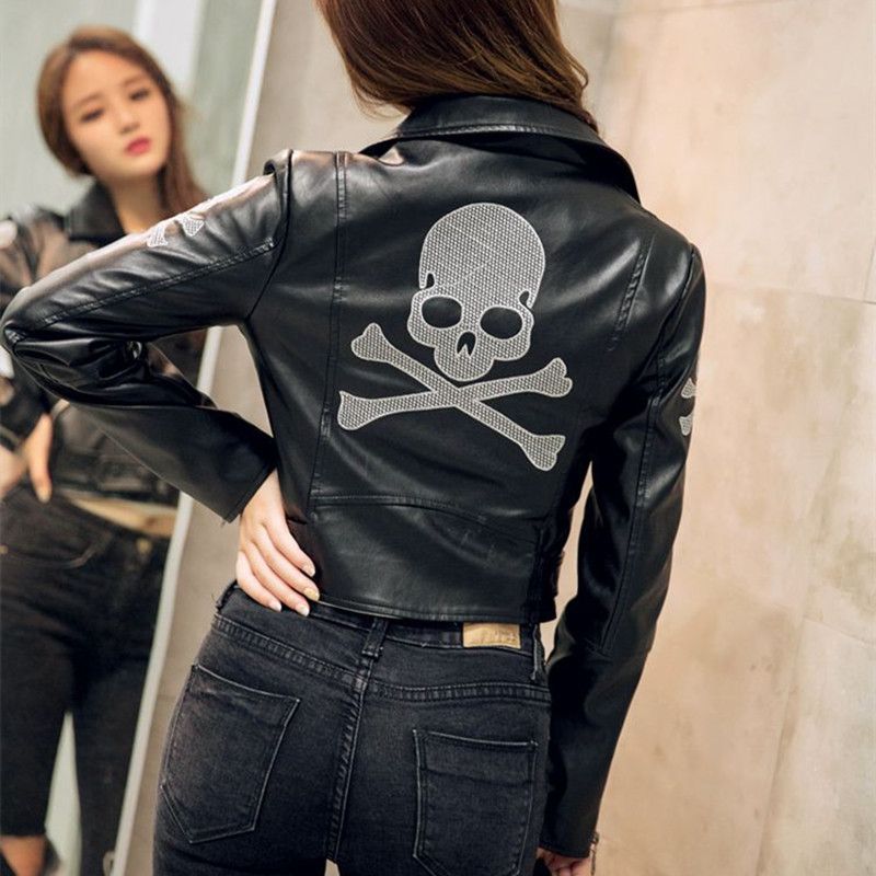 2018 Black Leather Er Jacket Lady Girl European 2018 Black Leather Er Jacket Lady Girl European Station Locomotive High End Skull Pattern Women Pu Jackets