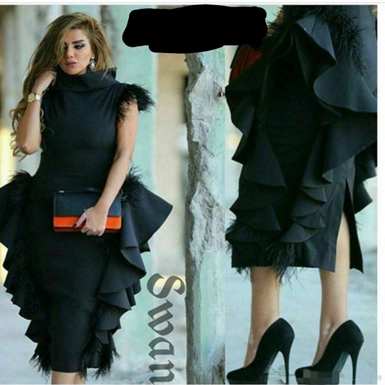 2017 High Neck Feather On Shoulder Evening Dresses Ruffles Black Peplum Tea Length Formal Arabic ...
