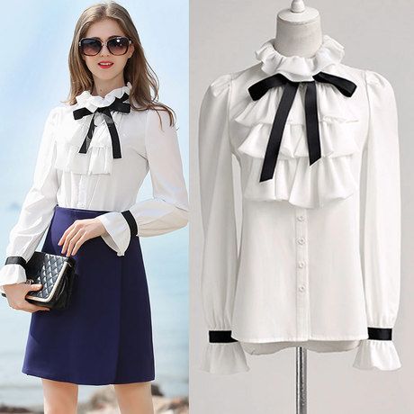 2019 European White Ruffle Stand Neck Shirt Women High Neck Ruffle ...