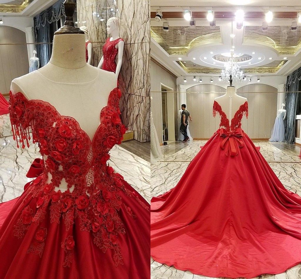 Luxury Red Ball Gown Evening Dresses Off Shoulder Appliques Satin Sheer ...