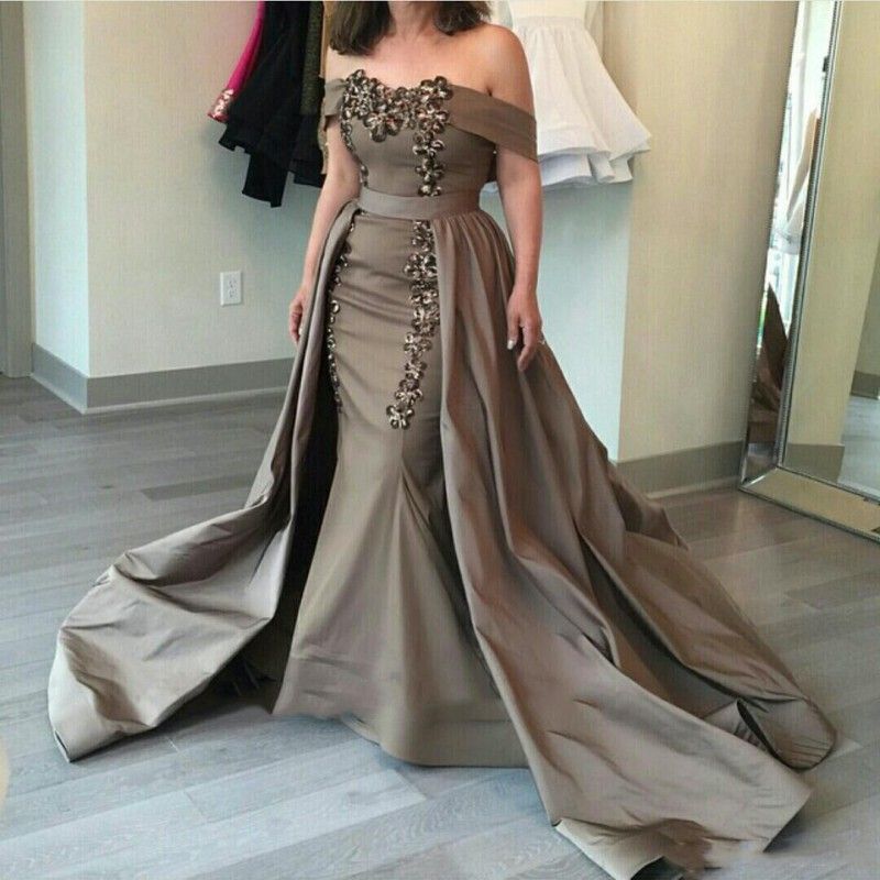 Satin Off The Shoulder Evening Gowns Arabia Beads Mermaid Prom Dresses With Overskirts Sweep Train Mother Of Bride Formal Party Dress