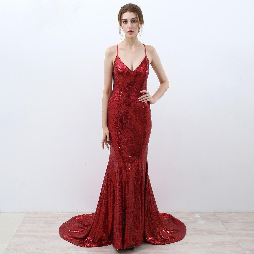 Red Sequin Mermaid Evening Dresses Long 2017 Spaghetti Straps Backless Evening Gowns Formal 