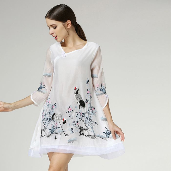 European Embroidered Style Dresses Improved Cheongsam Dresses V Neck