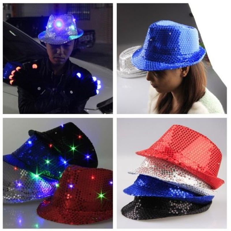 LED Jazz Hats Flashing Light Up Led Fedora Trilby Sequins Caps Fancy