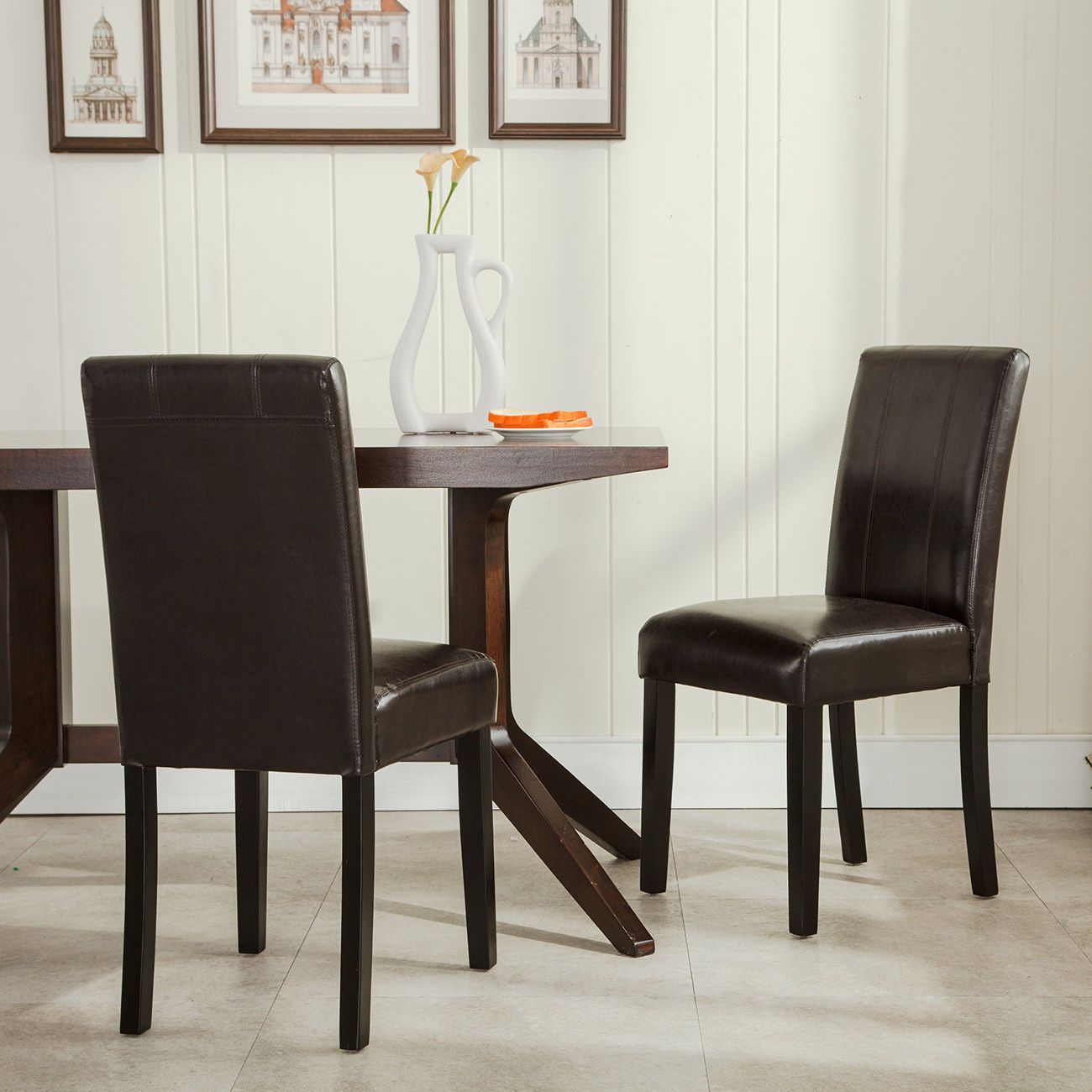 Set Of 2 Elegant Design Furniture Leather Parsons Dining Room Chairs Seat Brown