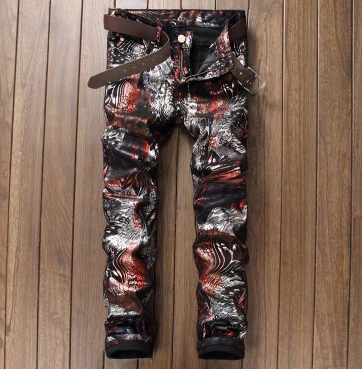 2020 Men'S Colored Drawing Jeans Print Slim Fit Personality Fashion