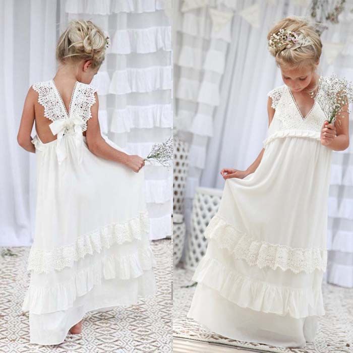 Beach Ivory Flower Girls Dresses V Neck Lace Tiered Skirts Floor Length