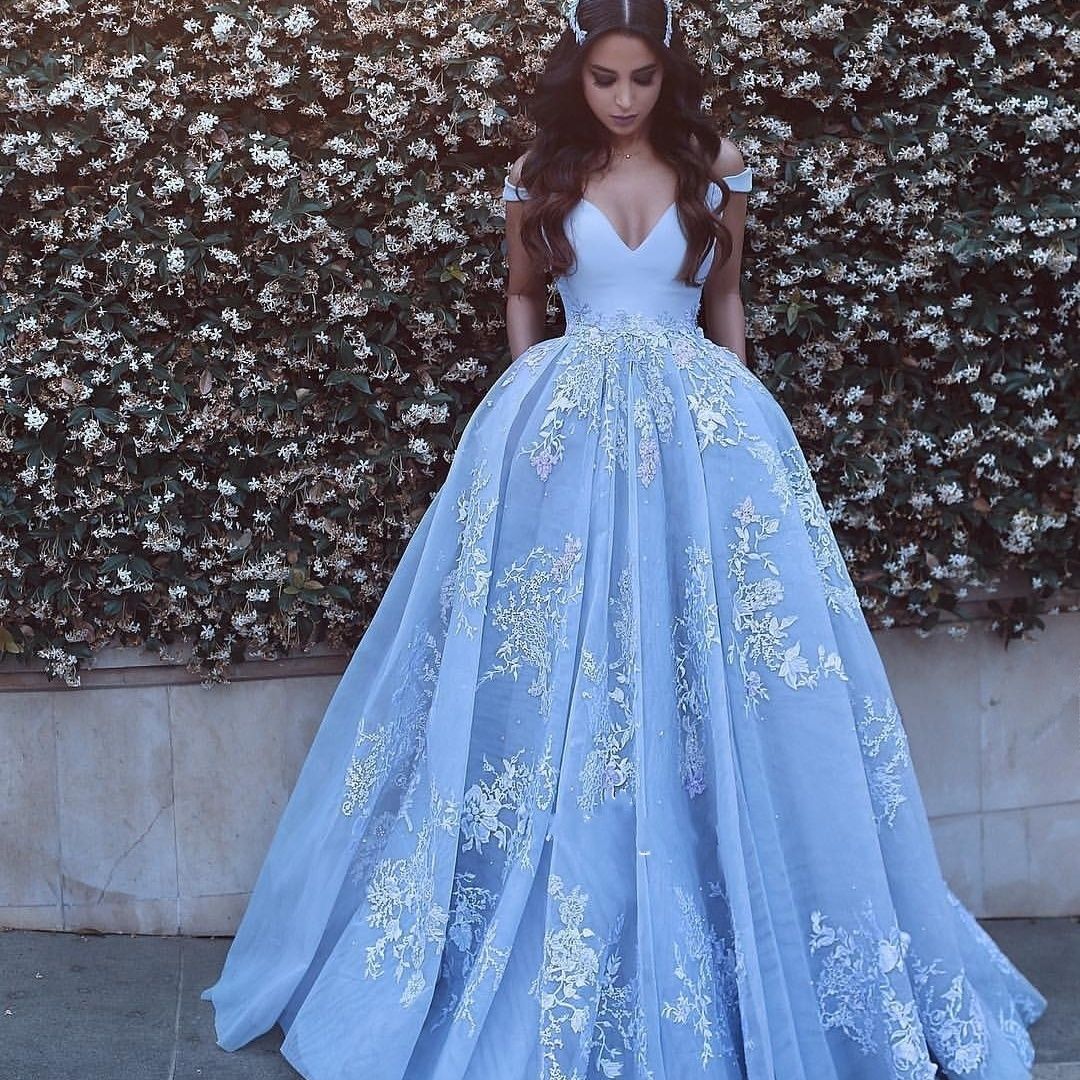 Latest Baby  Blue  Evening Dress  Off The Shoulder Lace 
