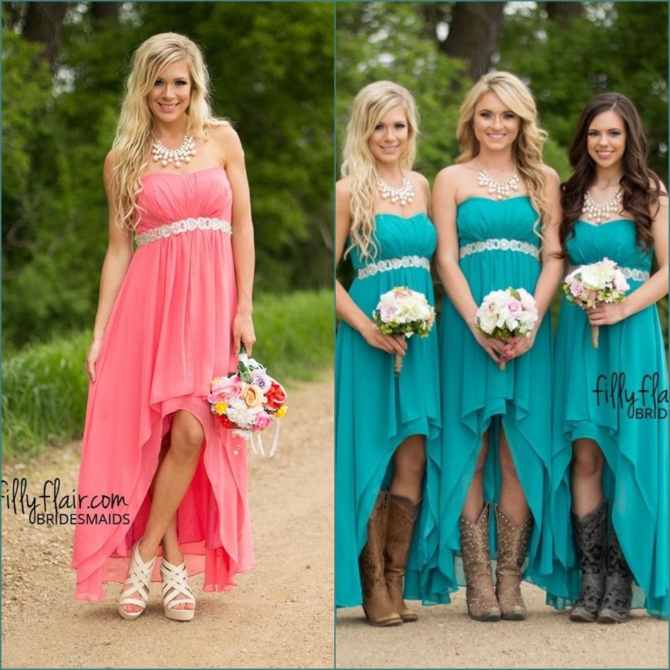Teal Turquoise Chiffon High Low Bridesmaid Dresses Sweetheart Crystal ...