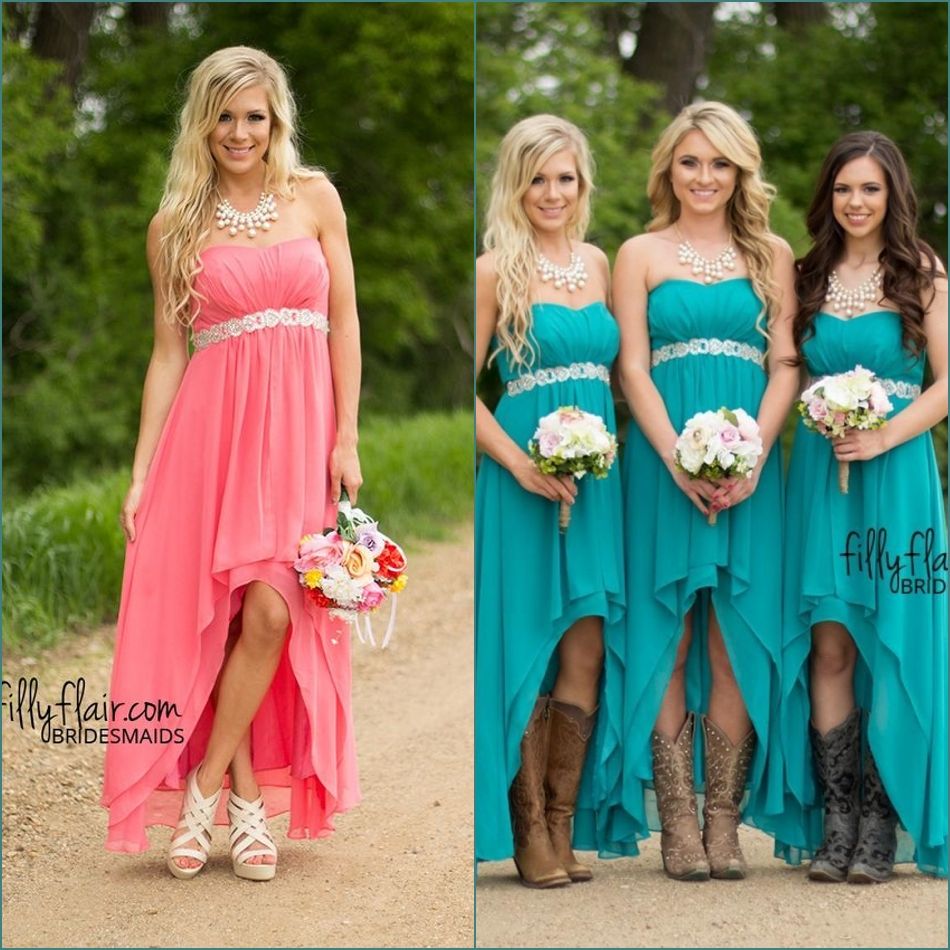 Teal Turquoise Chiffon High Low Bridesmaid Dresses Sweetheart Crystal