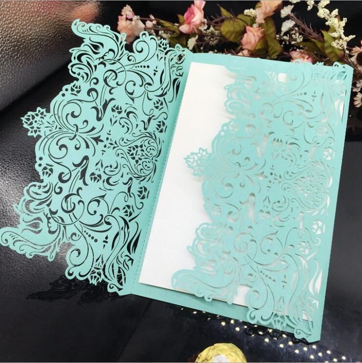 mint green laser cut flower wedding invitations card personalized