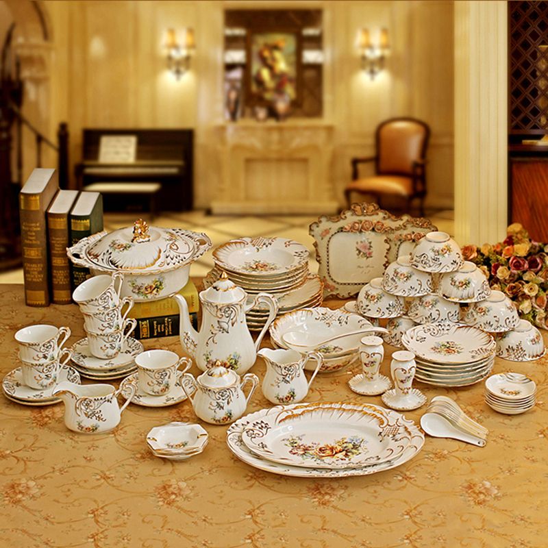 Porcelain Dinnerware Set Bone China Flower Design Embossed Outline Porcelain Dinnerware Set Bone China Flower Design Embossed Outline In Gold Sets Coffee Wedding Gifts White Clearance