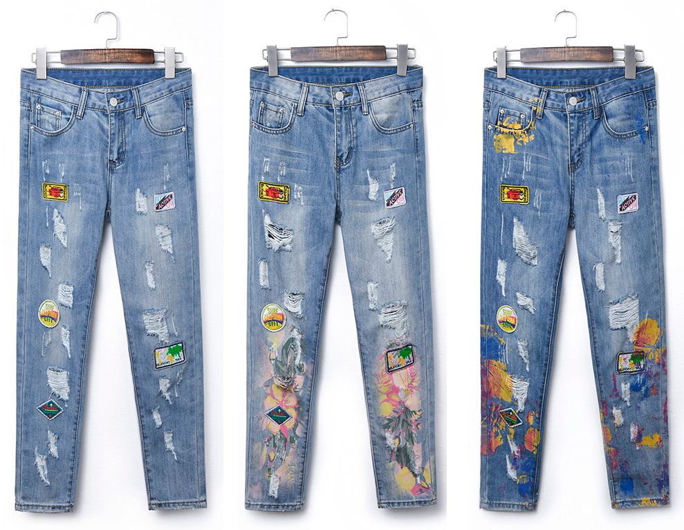 High Quality Special Printing Women Jeans Pants Flowers Printing Ripped