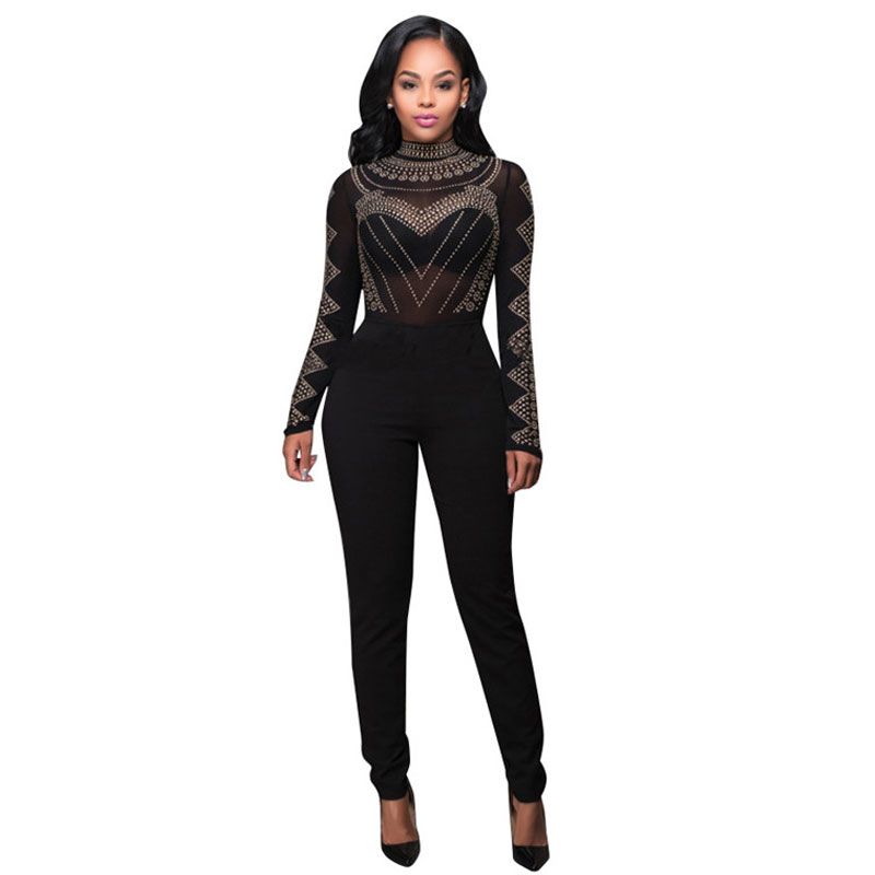 2019 Wholesale Women Turtleneck Long Sleeve Jumpsuit Sequin Playsuit