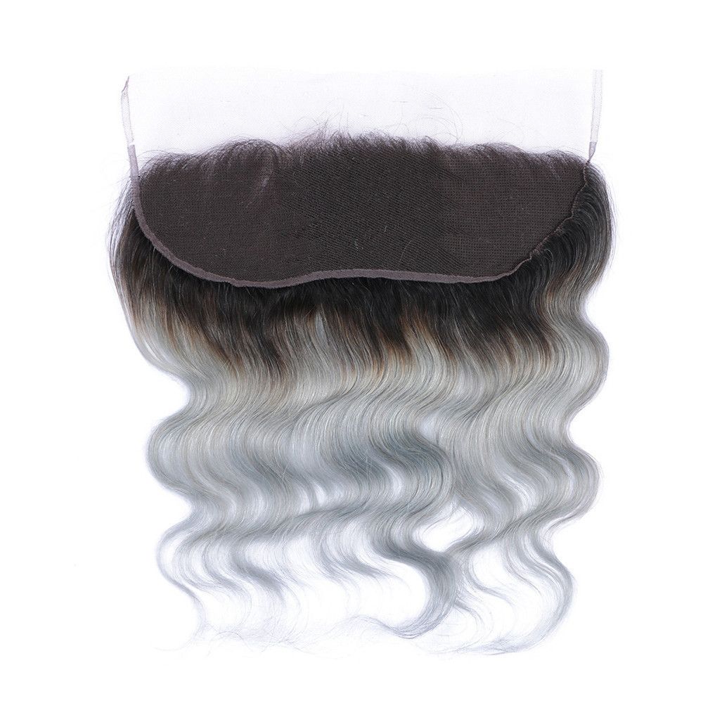 Virgin перуанского 1B Gray Two Tone Body Wave переплетения человеческих волос С 13 * 4 полного шнурком Фронтального Закрытием Серебра Серого 1b Ombre Связкой волосами