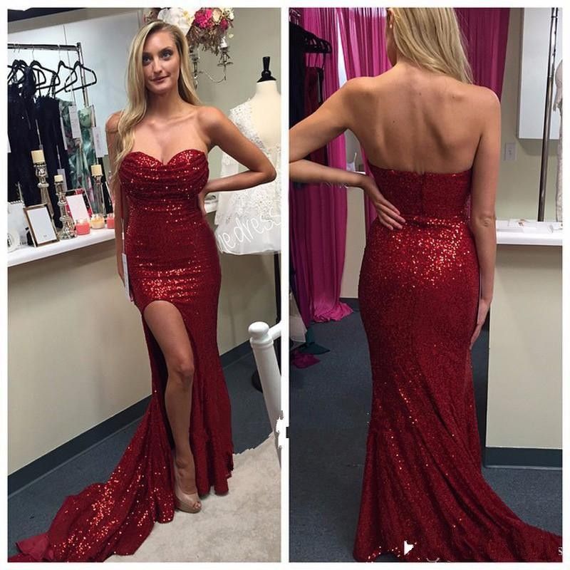 strapless red sequin dress