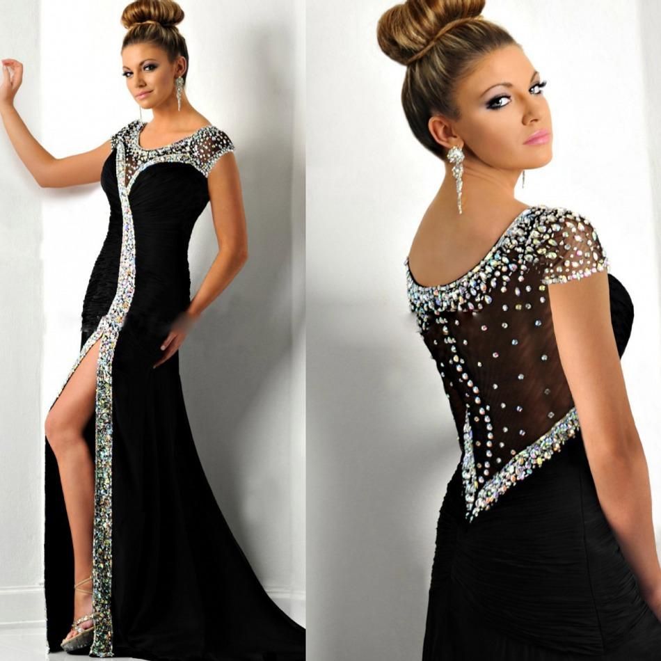 Black Crystal Prom Dresses Beaded Chiffon Cap Sleeve Evening Party
