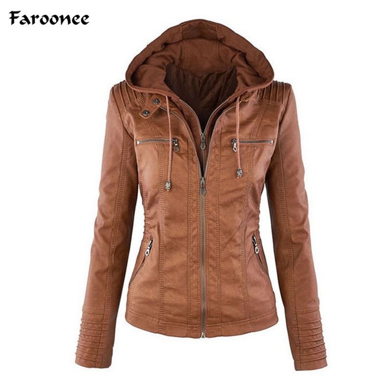 Whole Faroonee Oversized 7xl Hoo Leather Jacket Women Black Hooded Front Pocket Slim Fit Las Jackets