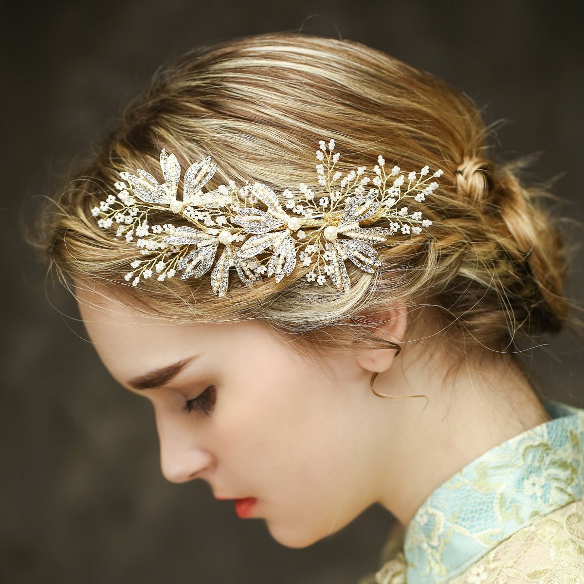 Pearl And Rhinestone Bridal Hair Clip Luxury Leaf Side
