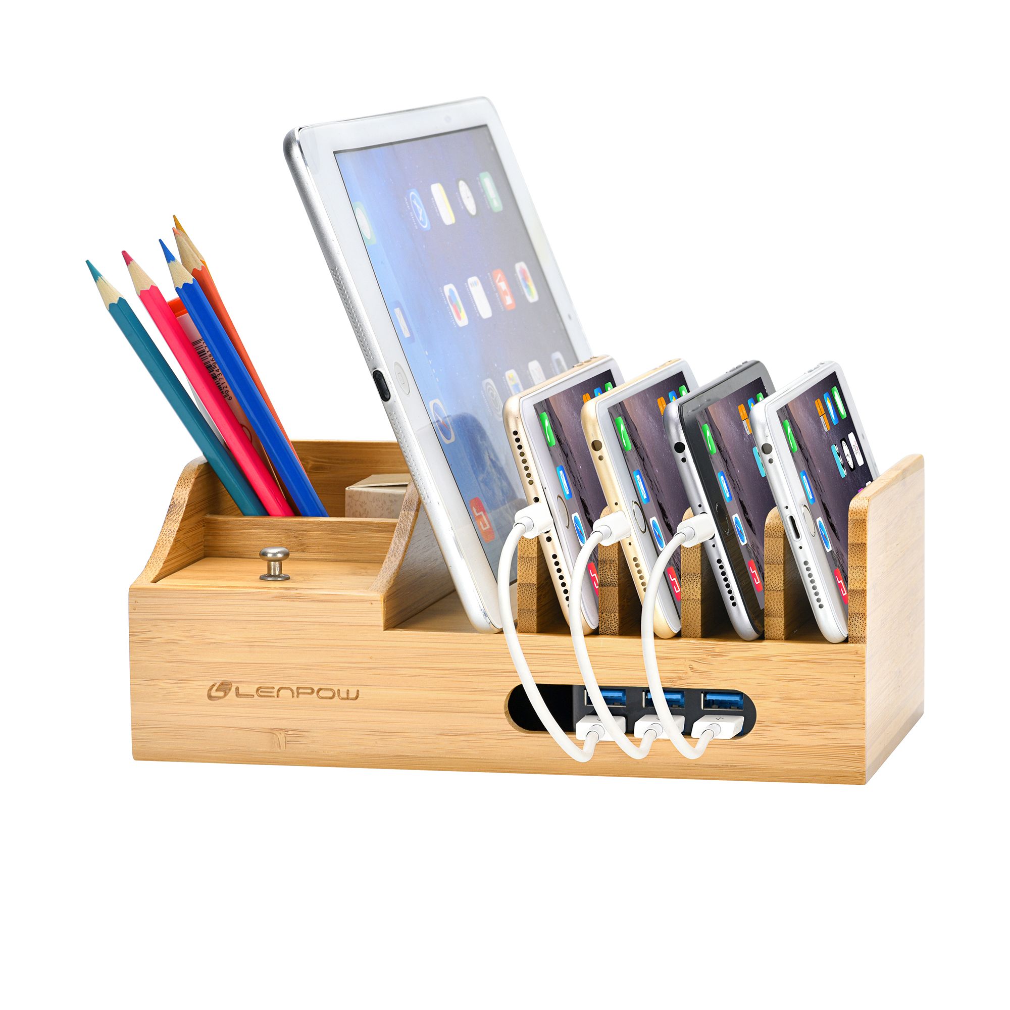 Charging Station Lenpow Bamboo Dock Multi Charging Station Lenpow Bamboo Dock Multi Device Stand Cable Cords Desktop Organizer Compatible With Many Usb Chargers By
