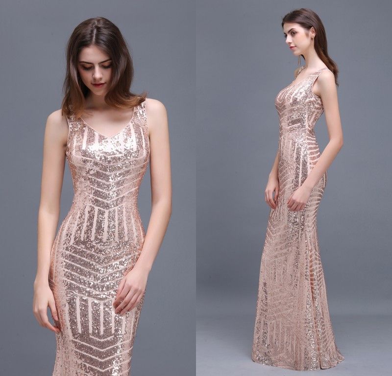 2018 Special Design Rose Gold Sequins Evening Dresses V Neck Floor ...