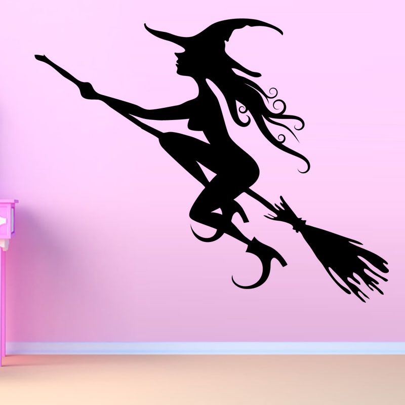 halloween girls room flying witch wall sticker vinyl self adhesive black home decor wallpaper removable wall decals nursery removable wall decals quotes
