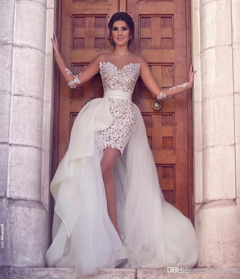 Compra Vestidos De Novia De Encaje De Ilusión 2021 Con Tren Desmontable  Triple Tripulación Cuello En Cuello Corto Playa Bohemian Tul Manga Larga  Mangas Formales Barato | Entrega Rápida Y Calidad | Es.Dhgate