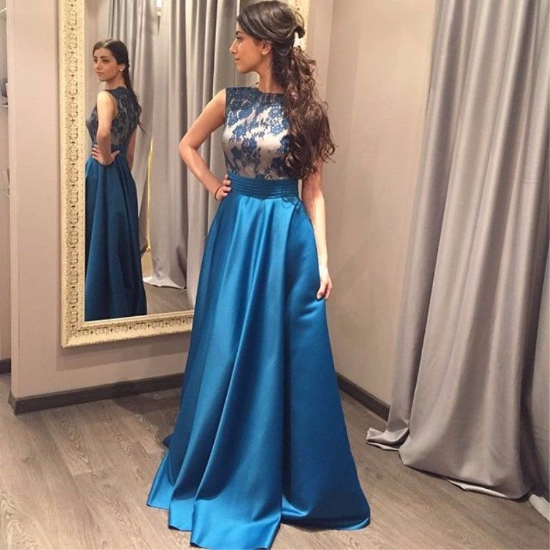 New Designer  2019 Long Blue  Prom Dresses  A Line Satin 