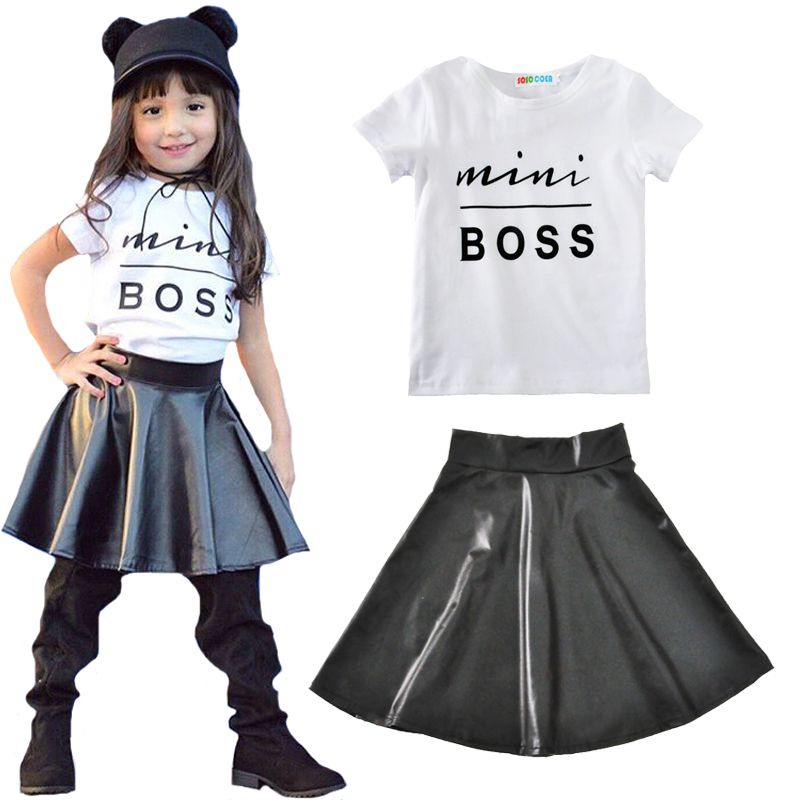 2019 Toddler Kids Girl Clothes Set 2018 New Summer Mini Boss T Shirt Toddler Kids Girl Clothes Set 2018 New Summer Mini Boss T Shirt Tops Leather Skirt 2pcs Outfit Child Baby Clothing Suit