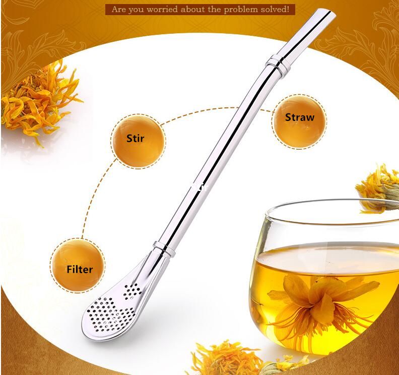 304 Long Stir Handle Stainless Steel Coffee Straw Tea Steel Drinking Straw With Spoon Filter