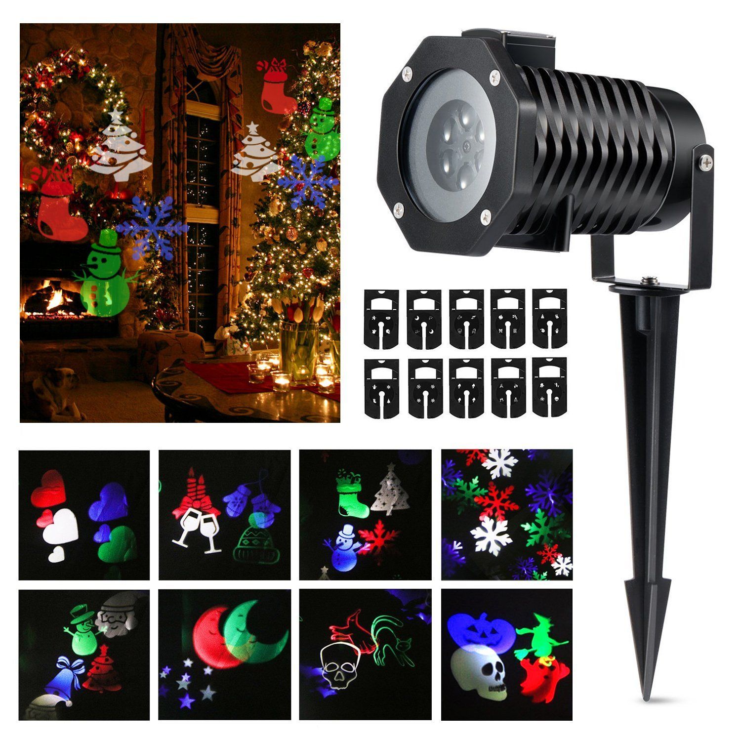 Christmas Lights Spotlights, LED Landscape Projector Lights, Snowflakes Santa Stars Gifts