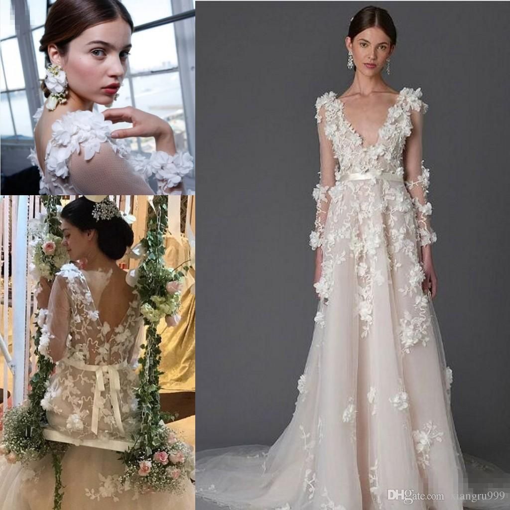 DiscountMarchesa 2018 Modern 3D Floral Applique Wedding