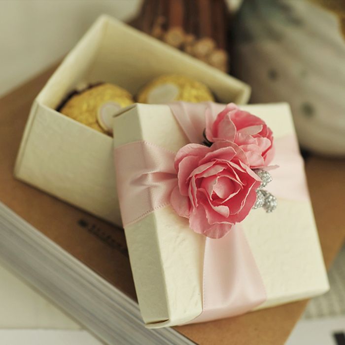 Pink Rose Favor Box With Ribbon Wedding Party Favor Candy Boxes
