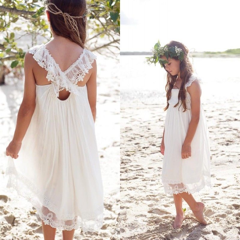 New 2017 Ivory Chiffon Tea Length Boho Beach Country Flower Girl