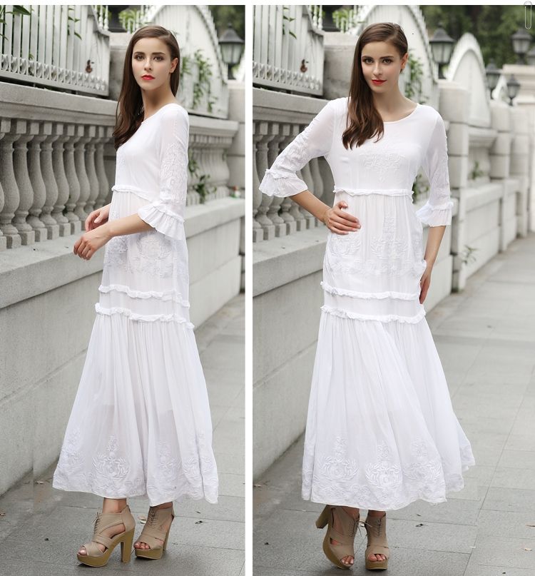 long sleeve boho maxi dress white