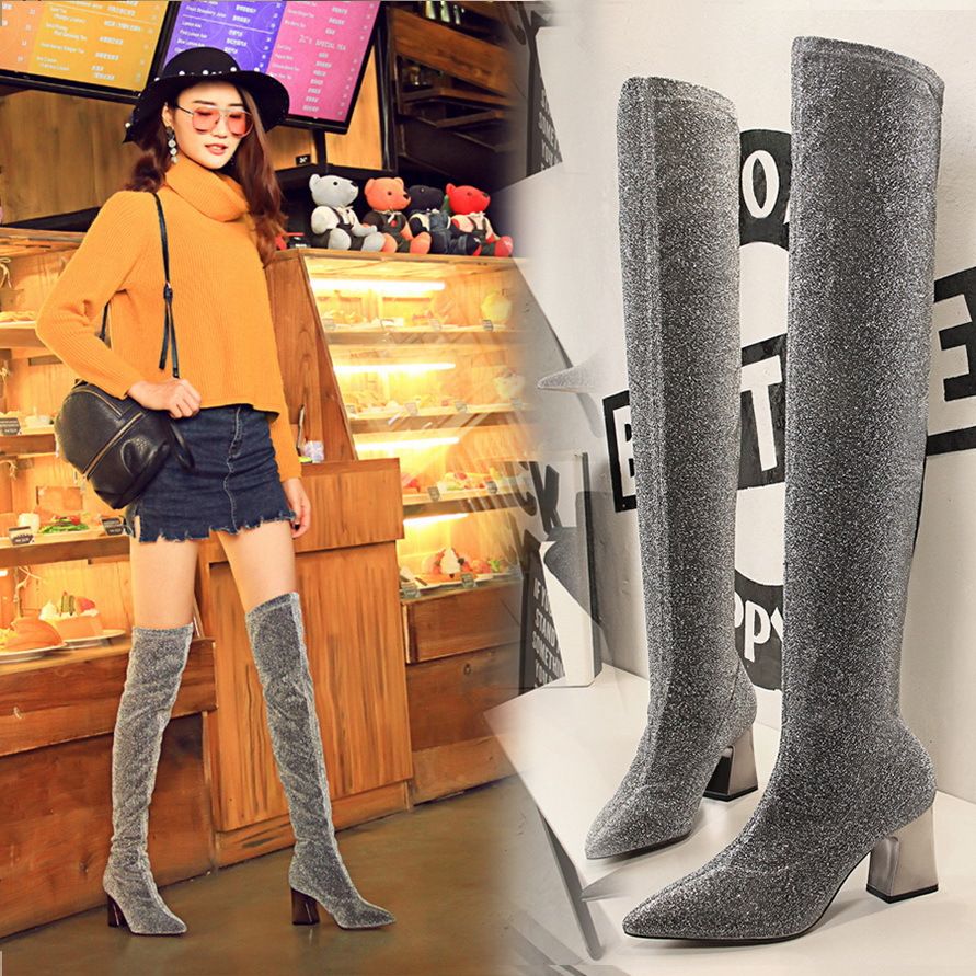New Fashion Womens Glitter Silver Over The Knee Boots Sexy Chunky Heels ...