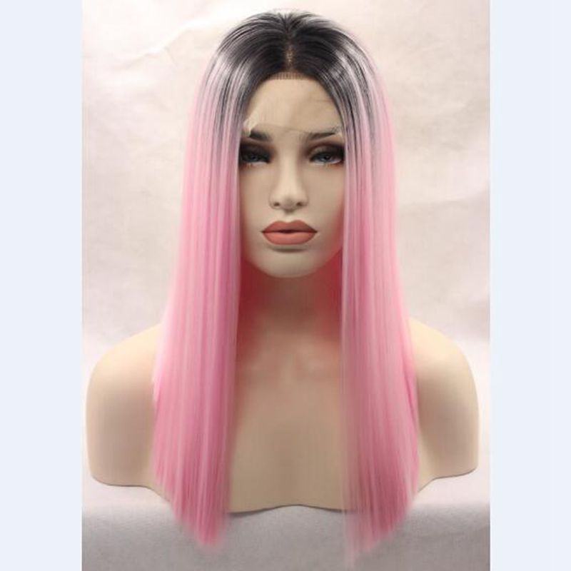 Ombre Pink Synthetic Lace Front Wig Short Bob Straight Wigs 2Tone Black