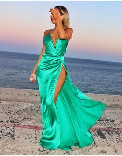 Acquistare Splendida Seta Verde Raso Abiti Da Sera Lunghi Spaccati Laterali  Abiti Da Sera Sexy Con Scollo A V Abiti Da Festa Su Misura Economico |  Consegna Veloce E Qualità | DHgate Italy