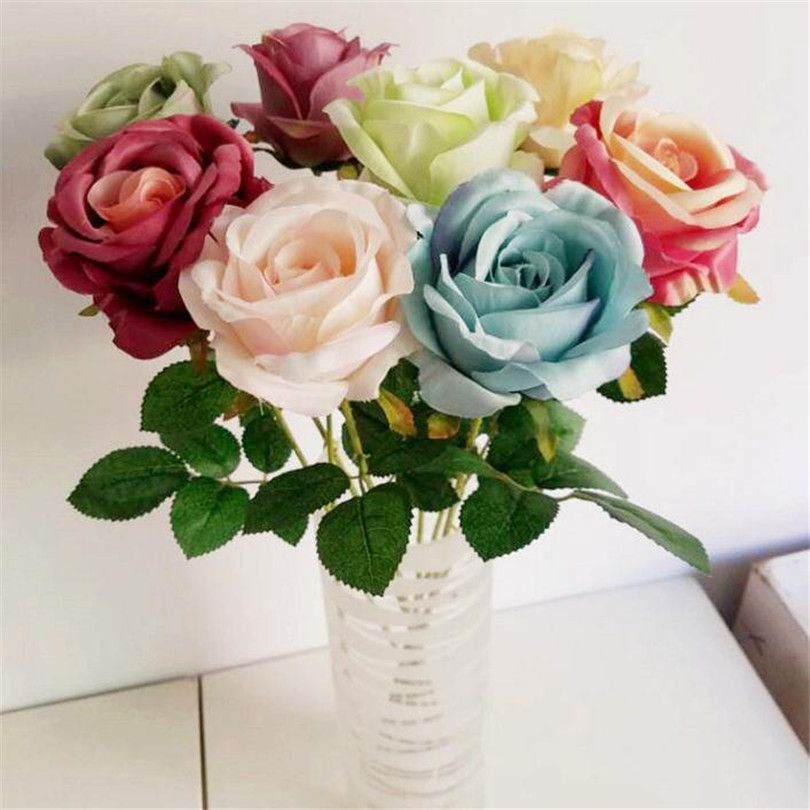 Bouquet De Roses Artificielles En Soie – 7 Roses + 2 Feuilles, Décoration Pour Vase, Maison Ou Mariage